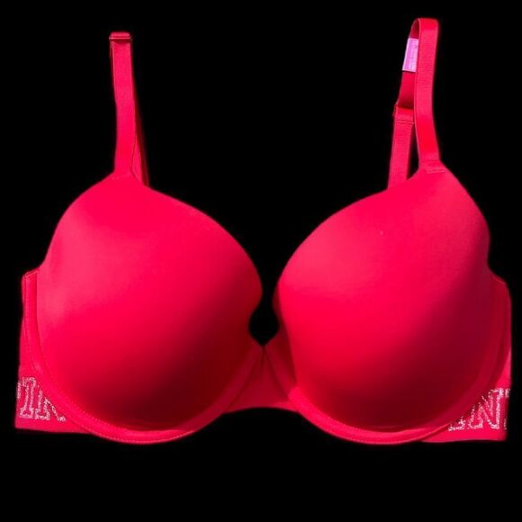 Victoria’s Secret Pink Wear Everywhere T shirt Lightly Lined Logo Red Bra 32DD - Picture 1 of 5